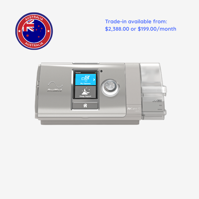 ResMed AirCurve 10 VAuto bilevel CPAP machine with humidifier and ClimateLineAir tubing for sleep apnea therapy.