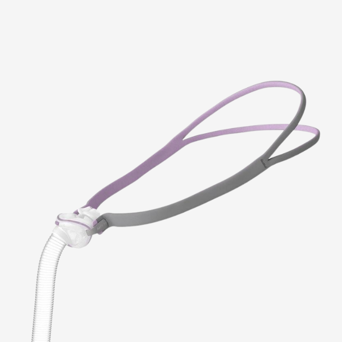 ResMed AirFit P10 nasal pillows CPAP mask system for sleep therapy.