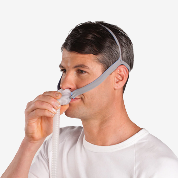 ResMed AirFit P10 nasal pillows CPAP mask with QuietAir vent technology.