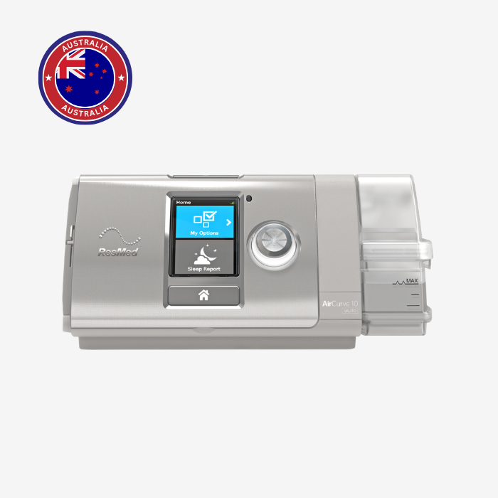 ResMed AirCurve 10 VAuto bilevel CPAP machine with humidifier and ClimateLineAir tubing for sleep apnea therapy.