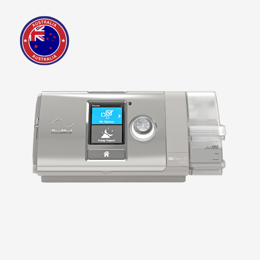 ResMed AirCurve 10 VAuto bilevel CPAP machine with humidifier and ClimateLineAir tubing for sleep apnea therapy.
