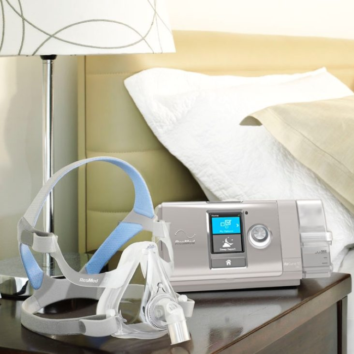 ResMed AirCurve 10 VAuto BiPAP machine with ClimateLineAir heated tubing for CPAP therapy.