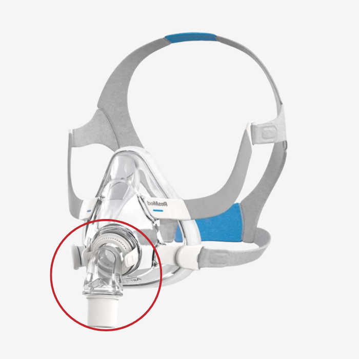 ResMed F20 QuietAir elbow replacement for AirFit F20 CPAP mask.