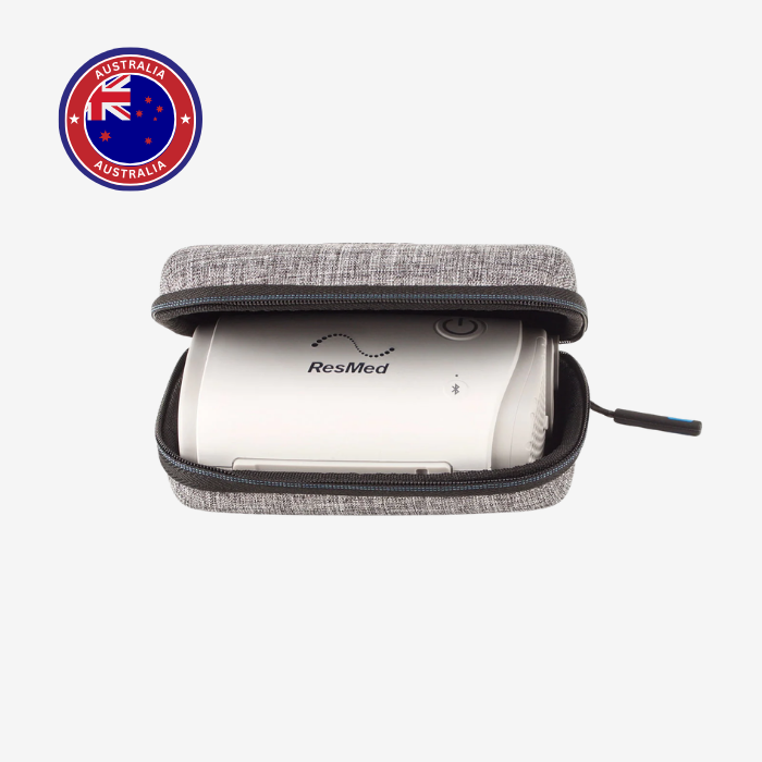 ResMed AirMini CPAP device travel case for sleep apnea therapy.