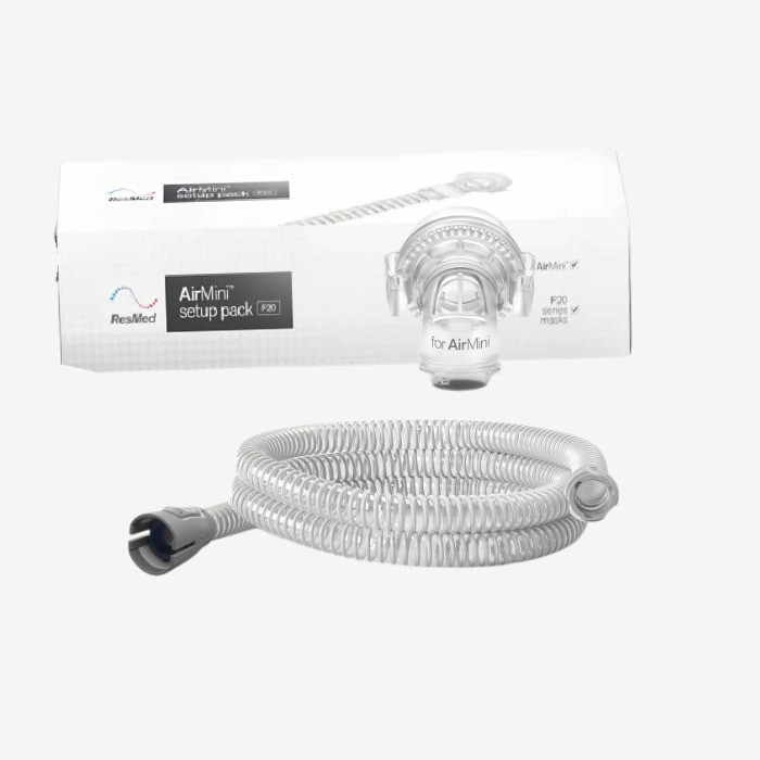 ResMed AirMini F20 setup pack with AirMini tubing and mask connector for sleep apnea therapy.