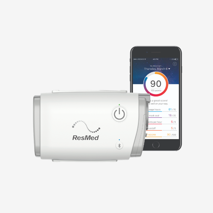 ResMed AirMini AutoSet travel CPAP bundle with N30 nasal mask pack and adaptor for sleep apnea treatment.