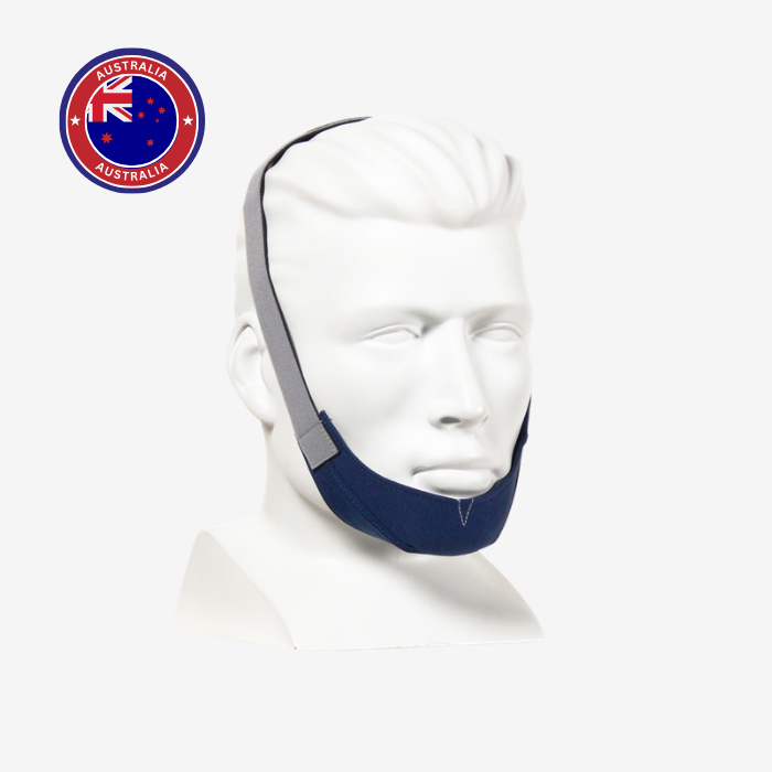 ResMed chin restraint strap for CPAP therapy to prevent mouth leaks in sleep apnea treatment.