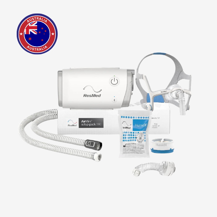 ResMed AirMini AutoSet portable CPAP machine with AirFit N20 mask for sleep apnea therapy.