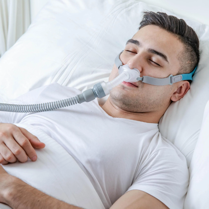 BMC P2 nasal pillows CPAP interface with 360° swivel elbow for comfortable sleep apnea treatment.