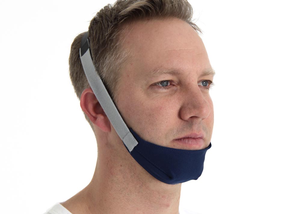 Side view of ResMed Chin Strap showing adjustable neoprene strap and soft chin cup for CPAP users
